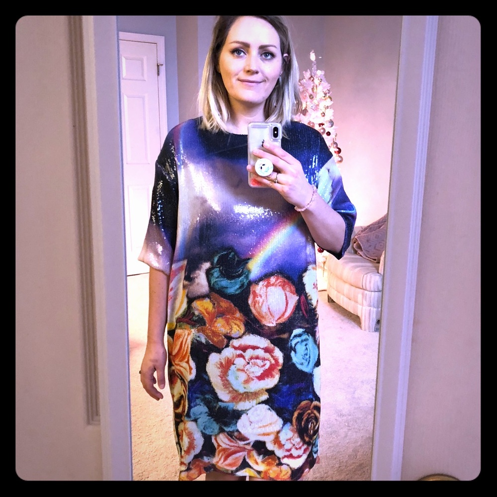 Shiny black dress with flowers and a rainbow